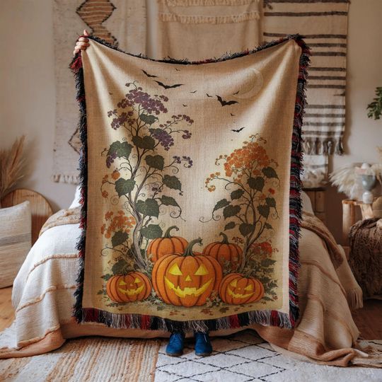 Spooky Pumpkins Woven  Blanket: Gothic Halloween Decor