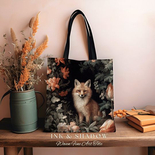 Discover Dark Botanical Fox Tote Woven | William Morris Inspired Tote Bag Aesthetic Mystical Tapestry Bag Woven Victorian Fairycore Fox Folklore Bag