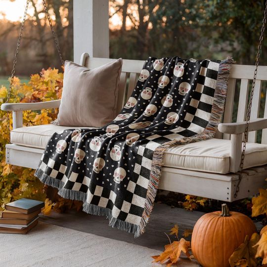 Discover Woven Blanket, Halloween Skulls with Heart Eyes, Black White Pink,  Throw, Modern Boho Halloween Decor, Checkered Border