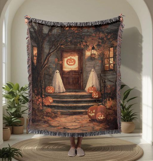 Discover Halloween Ghost Pumpkin  Woven Blanket, Spooky Holiday Decor Woven Blanket, Family Fun Autumn Blanket, Cute Ghosts Jack O Lantern