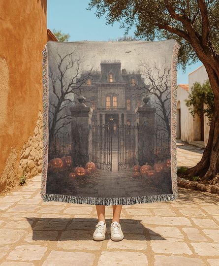 Discover Haunted Mansion Woven Blanket, Spooky Halloween Woven Throw, Gothic Home Decor Tapestry Blanket, Jack O'Lantern Art Woven