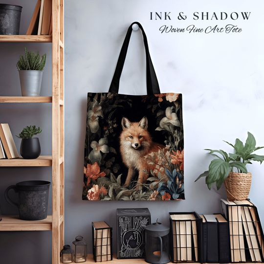 Discover Floral Aesthetic Victorian Fox Tote | Dark Academia William Morris Inspired Tote Bag Aesthetic Medieval Woven Tapestry Bag Botanical Fox Art