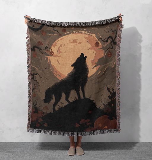 Discover Halloween Wolf Woven Blanket  , Spooky Werewolf Throw Blanket, Gothic Decor Tapestry, Witchy Moon Blanket, Animal Lover Woven