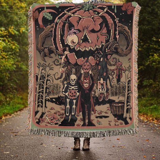Discover Vintage Halloween Woven Throw Blanket: Pumpkin Jack-o'-lantern Tapestry