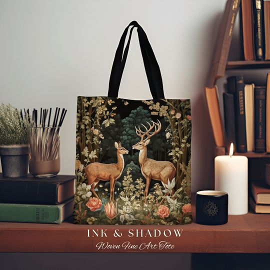Discover Doe & Deer Fairycore Tote Bag | Folk Art Aesthetic Shoulderbag Woven William Morris Bag Dark Cottagecore Gothic Botanical Deer Woodland Gift