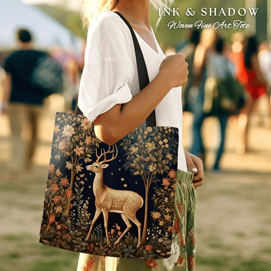 Discover Whimsical Deer Tote Bag Baraoque Aesthetic Forestcore Bag | Folk Art Tapestry Shoulderbag Woven Cottagecore Fairycore Deer Woodland Gift