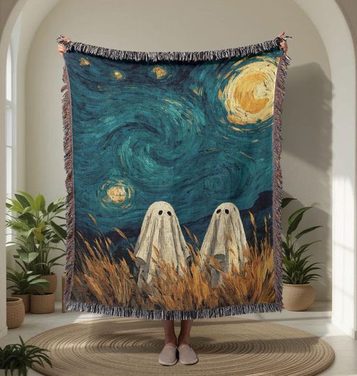 Halloween Ghost Couple Woven Blanket, Van Gogh Starry Night Throw, Spooky Season Woven Tapestry, Art Lover Gift Woven Blanket.