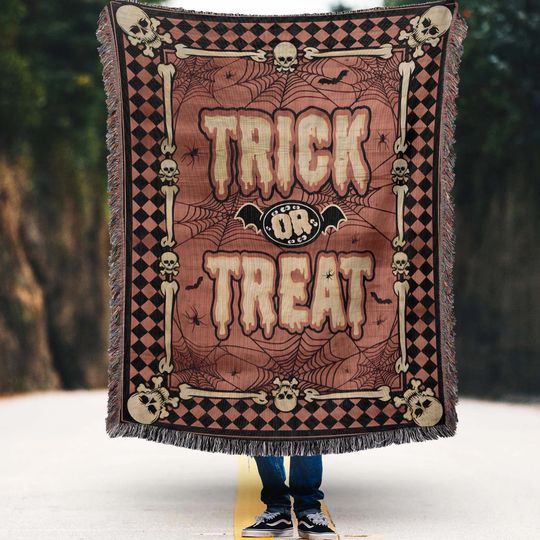 Discover Vintage Halloween Woven Throw Blanket: Trick or Treat Spider Web Tapestry