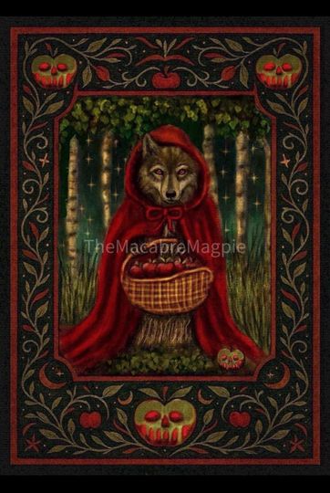 Halloween Woven Throw Blanket  Red Riding Hood Wolf, Poison Apple Border, Gothic Folk Art Storybook Blanket, Fall Home Decor
