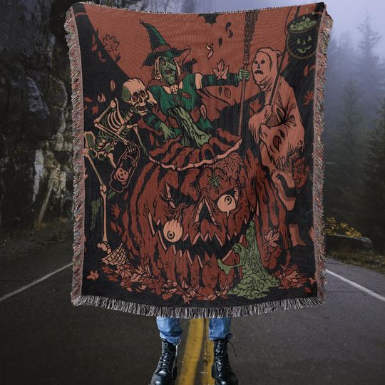 Halloween Woven Throw Blanket: Scary Witch, Skull Pumpkin, Dark Academia Tapestry