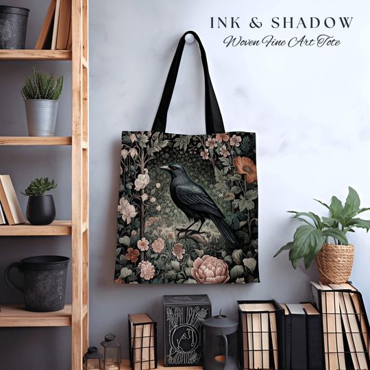 Floral Gothic Woven Tapestry Tote | Gothic Tote William Morris Inspired Raven Tote Bag Crow Core Satchel Maximalist Tapestry Dark Botanical