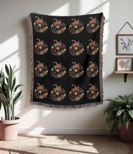 Discover Pumpkin Woven Blanket Boho Rustic Tapestry Fall Vintage Floral Black Halloween Retro Decor Farmhouse Autumn Throw Blanket Gift Spooky Season