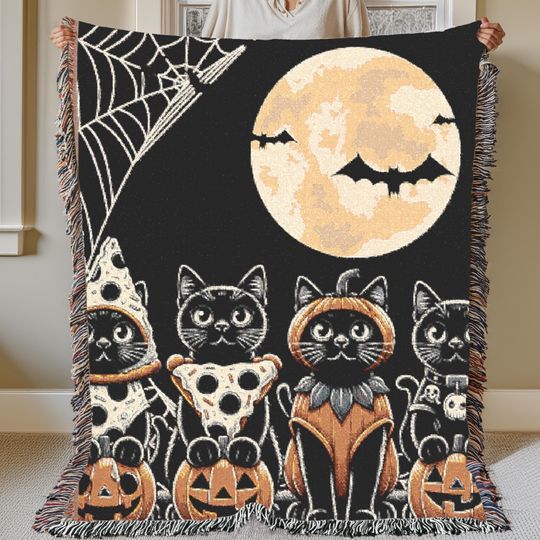 Discover Vintage Pumpkin Jack-o'-lantern Halloween Woven Throw Blanket, Pumpkin Wall Tapestry, Witch and Cottagecore Decor, Halloween gifts blanket