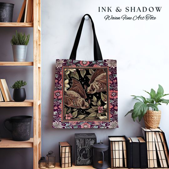 Discover Romantic Dark Floral Bat Tapestry Bag Woven Tote Victorian Goth Bag Purse Dark Cottagecore Gothic Bat Gifts Dark Academia Shoulder Bag