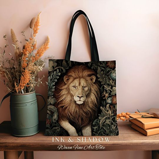 Discover Floral Lion Tote Bag Morris Aesthetic Lion Lover Gift Dark Academia Victorian Gothic Tapestry Woven Animal Art Tote Cottagecore Artsy Bag
