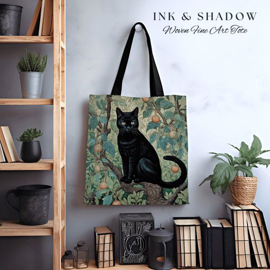 Discover Black Cat Gothic Handbag Botanical | Dark Academia William Morris Inspired Tote Bag Aesthetic Cat Lover Tapestry Bag Woven Victorian Cat Bag
