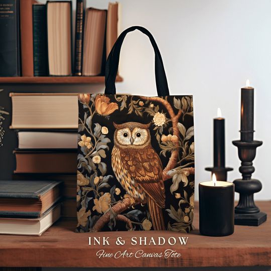 Discover Bookish Owl Tote Bag | Whimsical William Morris Inspired Shoulderbag Aesthetic Gothic Tapestry Tote Woven Victorian Fairy Core Owl Gift |