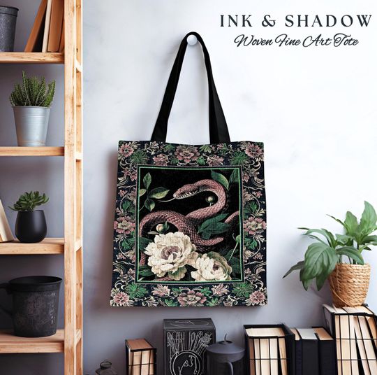 Discover Botanical Forestcore Serpent Bag Gothic Woodland Floral Snake Tapestry Tote, Mystic Goblincore Cottagecore Enchanted Victorian Academia Art