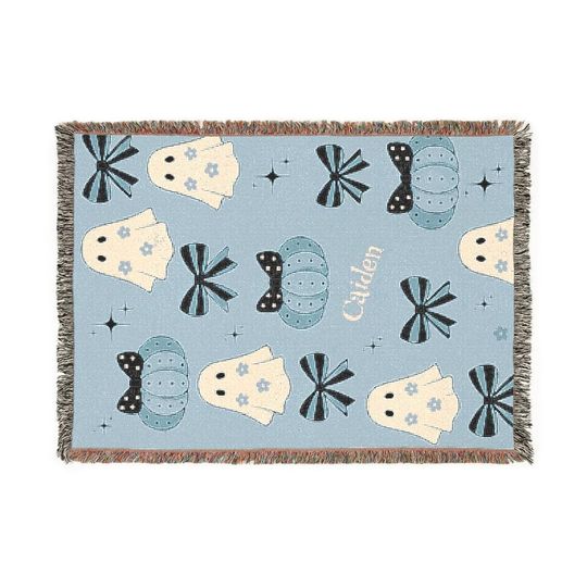 Discover Custom Halloween Blanket with Name  Pink Ghost & Pumpkin Throw, Personalized Cozy Fall Blanket, Cute Pastel Halloween Home Dcor Gift