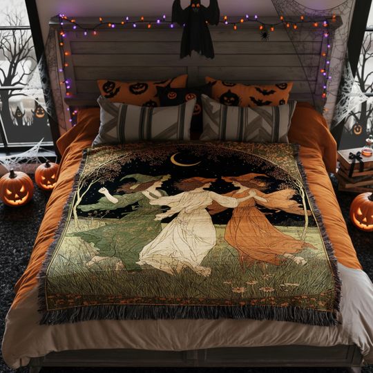 Discover Woven Blanket Halloween Dancing Witches Art Nouveau Crescent Moon Night Sky Witchcraft Home Decor Woven Cotton Jacquard for sofa and bed den
