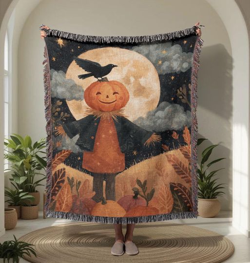 Halloween Pumpkin Scarecrow  Woven Blanket, Autumn Harvest Woven Throw Blanket, Spooky Fall Decoration Woven Blanket, Kids Gift