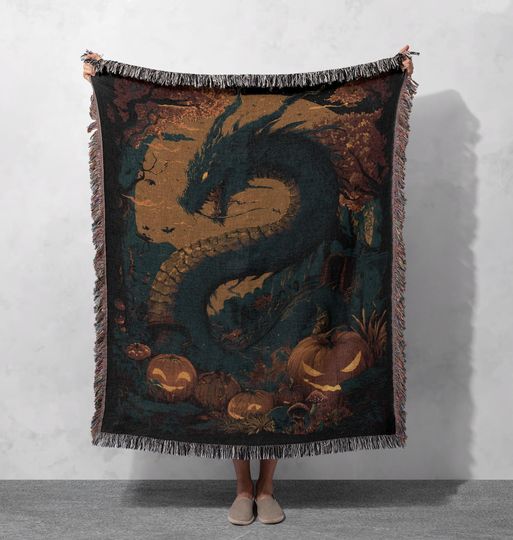 Discover Halloween Dragon Woven Blanket 100% Cotton, Fantasy Lover Gift Woven Throw, Spooky Jack O' Lantern Tapestry Blanket, Gothic Home Decor