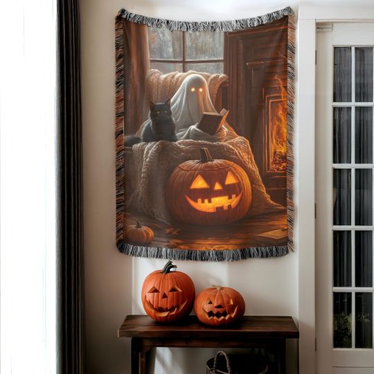 Discover Ghost Halloween Blanket, Halloween Throw, Spooky Home Decor, Woven Cotton Throw, Seasonal Tapestry, Soft Fall Gift, Black Cat Pumpkin Design