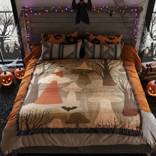 Discover Woven Blanket Halloween Mushrooms Spooky Forest Bat Tree Autumn Cozy Decor Woven Cotton Jacquard Sofa Throw Cozy Living Room Woodland Accent