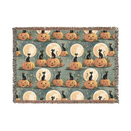 Discover Woven Blanket, Cozy Cat Pumpkin Halloween Throw, Stay Warm & Spooky, Couch Decoration, On-the-Go Adventure Blanket, Seasonal Home Decor