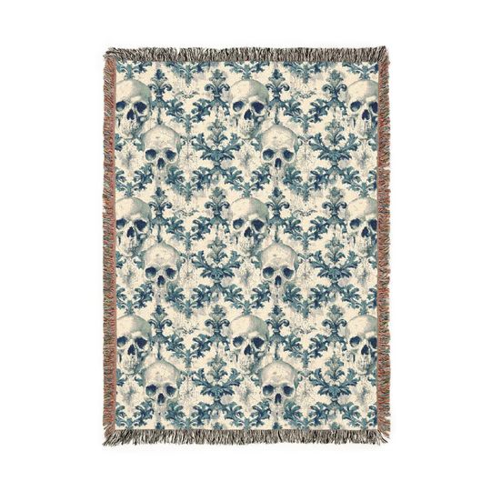 Discover Blue Gothic Skull Woven Blanket, Cozy Throw for Halloween, Spooky Fall Decor and Bookish Gothic Aesthetic, Halloween Skulls Blanket or Throw