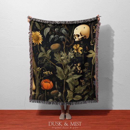 Discover Gothic Botanical Skull Cotton Blanket | Woven Vintage Herbarium Throw | Macabre Halloween Decor | Spooky Gift for Her | Dark Floral Blanket