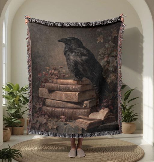 Discover Gothic Raven On Vintage Books 100% Cotton Woven Blanket, Literary Lover Blanket, Dark Academia Blanket, Bookworm Blanket, Halloween Decor
