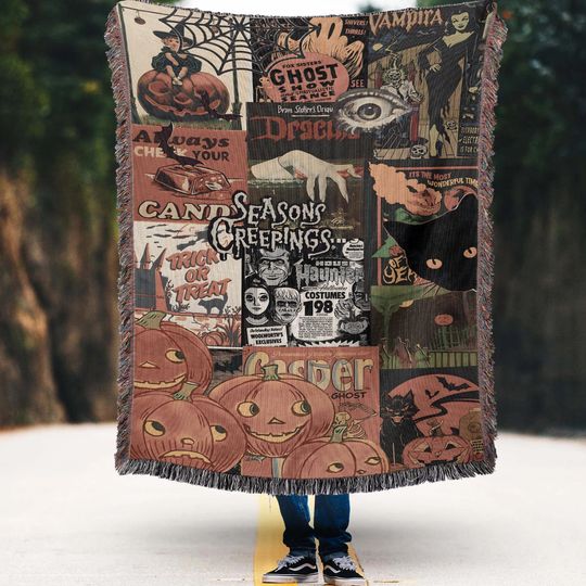Discover Vintage Halloween Town Woven Throw Blanket: Spooky Jack-o'-lantern Tapestry