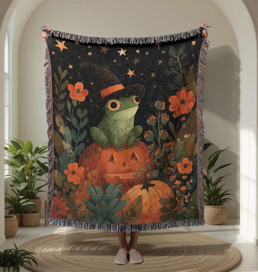 Halloween Frog Woven Blanket, Cottagecore Witch Hat Throw Blanket, Goblincore Pumpkin Tapestry Blanket, Spooky Season Friend.