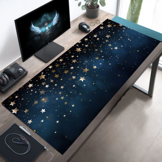 Discover Blue Night Starry Sky Desk Mat, Kawaii Mouse Pad, Large Blue Desk Mat