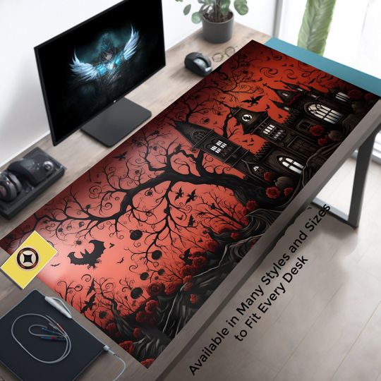 Red and Black Gothic Mansion Desk Mat with Anime-Inspired