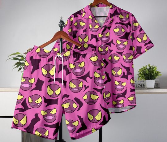 Gastly Hawaiian Shirt and Shorts Set, Tropical Button Up Shirt, Funny Summer Outfit, Party Beachwear, Spooky Gengar Shirt Gift