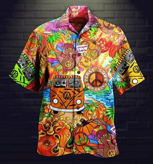 Discover Hippie Halloween Hawaiian Shirt, Spooky Aloha Shirt, Retro Costume Party Outfit, Unisex Summer Beach Shirt for Men Women