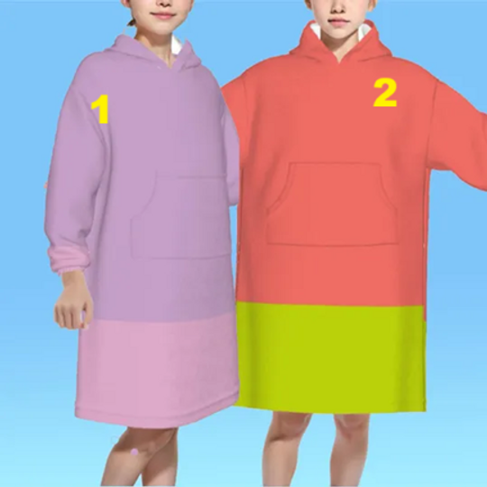 BlueyDad Grannies Blanket Hoodie Set for Kids  Janet & Rita Inspired  Coral Green + Purple Pink  Cozy Winter Gift  2 Pack