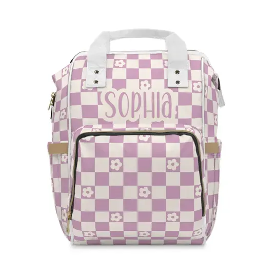 Personalized Lavender Checkered Backpack, Gift for Kids, Back to School