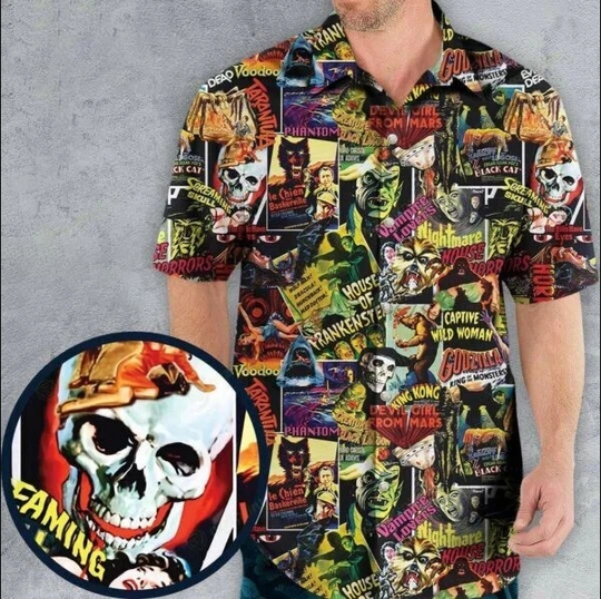 Fright Night Halloween Retro Horror Characters Collage Hawaiian Shirt
