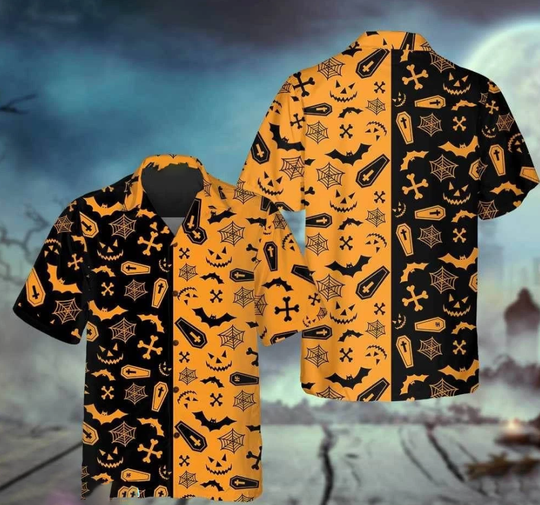 Black And Orange Spooky Halloween Hawaiian Shirt Halloween Seamless Pattern Shirt