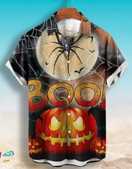 Discover Halloween Pumpkin Skull Shirt Men’s Hawaiian Aloha Casual Short Sleeve