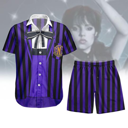 Wednesday Enid Cosplay Button Shirt, Men Shorts, Nevermore Academy Uniform Hawaiian Shirt, Gothic Black Clothing, Halloween Party Gifts