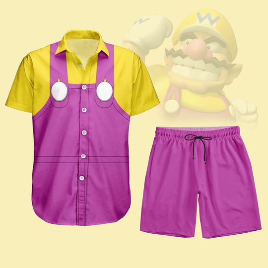 Wario Cosplay Button Shirt, Men Shorts, Super Mario Hawaiian Shirt, Nintendo Gamer Costume, Mario Bros Shirt, Halloween Party Gifts