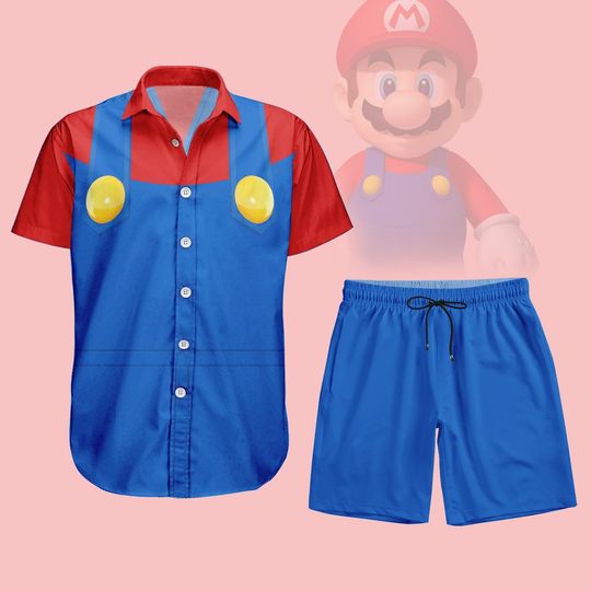 Discover Mario Cosplay Button Shirt, Men Shorts, Super Mario Hawaiian Shirt, Nintendo Gamer Costume, Mario Bros Shirt, Halloween Party Gift