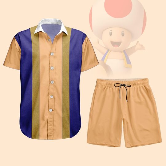 Toad Cosplay Button Shirt, Men Shorts, Super Mario Hawaiian Shirt, Nintendo Gamer Costume, Mario Bros Shirt, Halloween Party Gifts