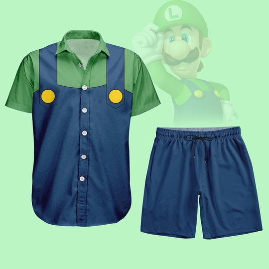 Luigi Cosplay Button Shirt, Men Shorts, Super Mario Hawaiian Shirt, Nintendo Gamer Costume, Mario Bros Shirt, Halloween Party Gift