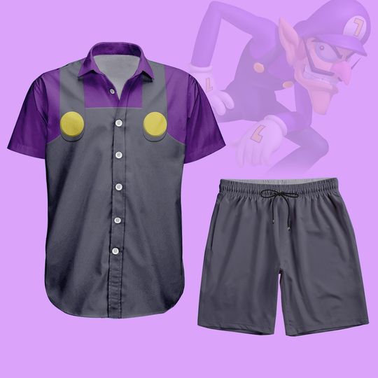 Waluigi Cosplay Button Shirt, Men Shorts, Super Mario Hawaiian Shirt, Mario Bros Costume Shirt, Video Game Hawaii Shirt, Halloween Gift