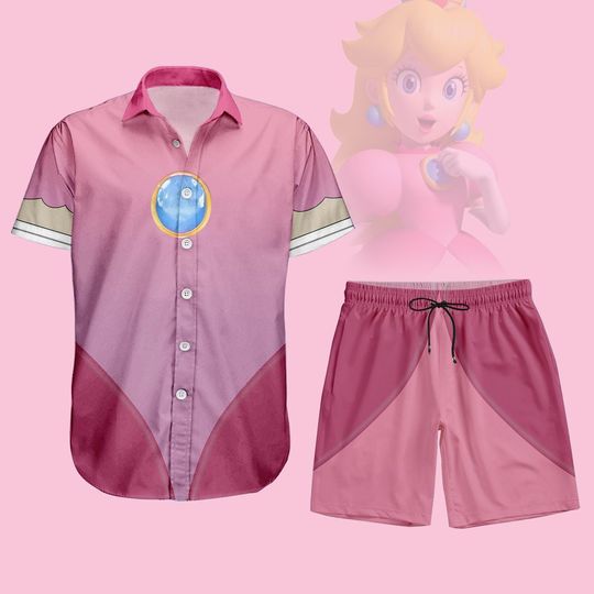 Princess Peach Cosplay Button Shirt, Men Shorts, Super Mario Hawaiian Shirt, Nintendo Gamer Costume, Princess Shirt, Halloween Gift